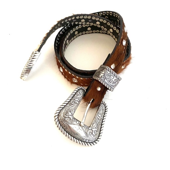 Nocona Brown Leather Calf Hair Belt Rhinestones Studs